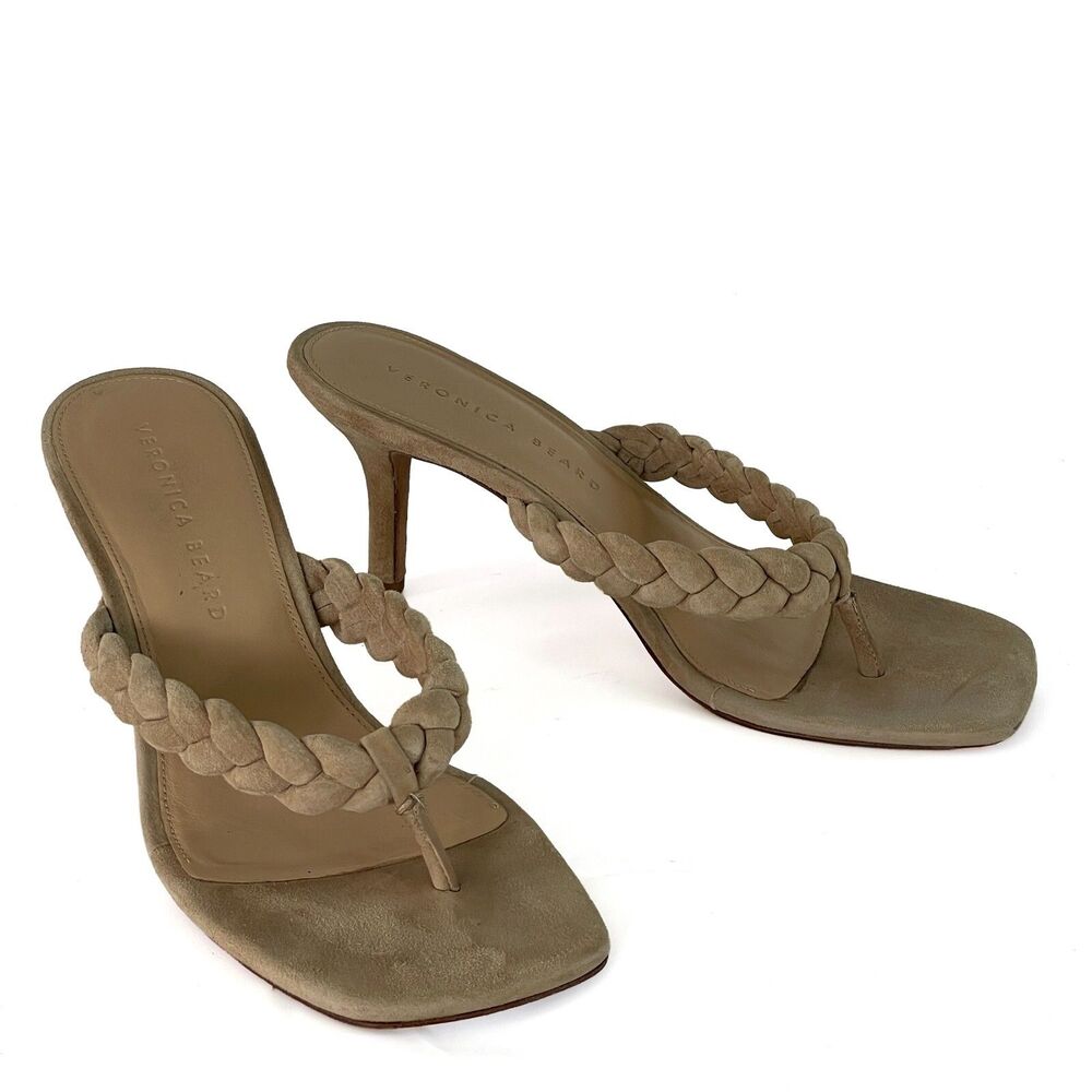 $295 Veronica Beard Marissa Heel Sandal 7M Suede Square Thong Toe Braided Strap